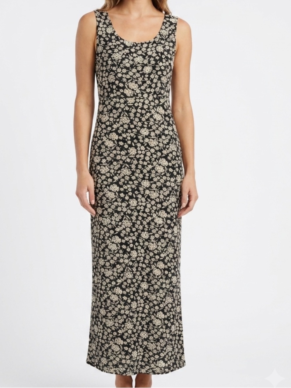 Vintage size small Sleeveless Black Floral Scoop-Neck Maxi Dress